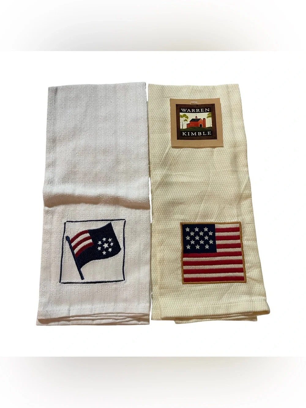Warren Kimble Ritz patriotic dish towels 2 cotton white cream red blue USA flag